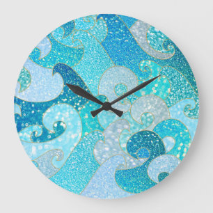 Blå Sjöjungfrun Faux Glitter-Teal-Guld Stor Klocka