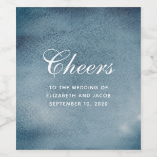 Blå sjön bröllop. Daglig modern vattenfärgsflotta Vinflaska Etikett