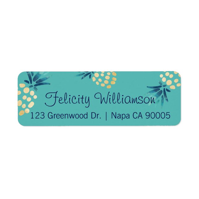 Blå, skalad och Guld Tropiskt ananas Fruit Mönster Returadress Etikett (Framsidan)