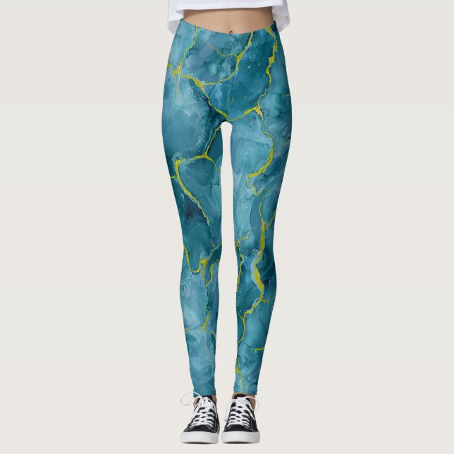Blå skalmarmor med Guld Vains Leggings (Framsida)