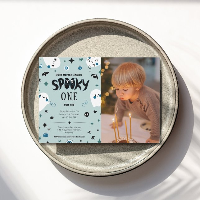 Blå skämt en halloween-pojke 1:a födelsedag inbjudningar (Skapare uppladdad)