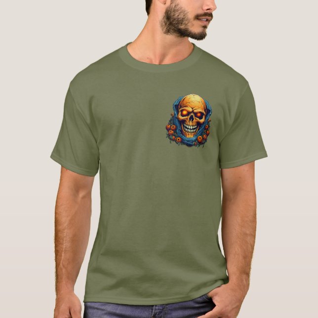 Blå skelett-huvud orange glöd Halloween T Shirt (Framsida)