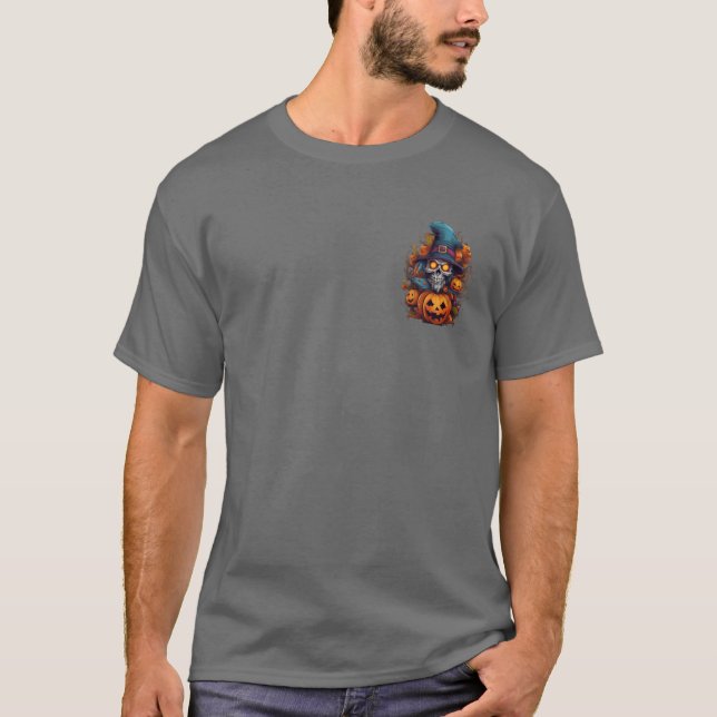 Blå Skelett Topp Hatt Halloween T Shirt (Framsida)