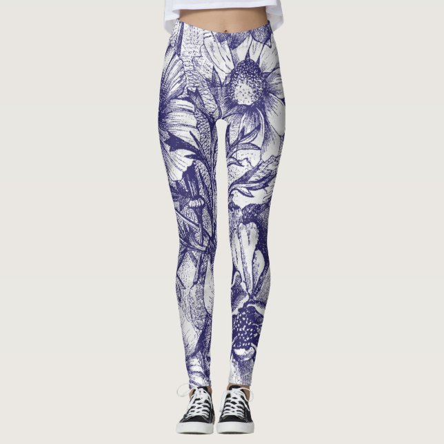 Blå sketch-blommor av arten stil mönster leggings (Framsida)