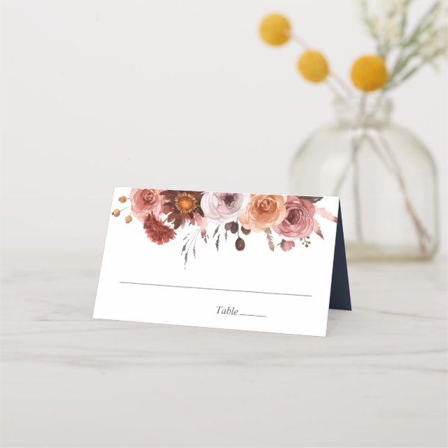 Blå skiffer, Burgundy och  Blommigt, Bröllop Placeringskort (Framsida)