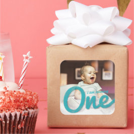 Blå Skiss En Pojke Foto 1:a Födelsedagsfest Förmån Fyrkantigt Klistermärke