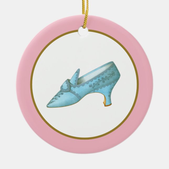 Blå sko med rosa och guldbård julgransprydnad keramik (Framsidan)