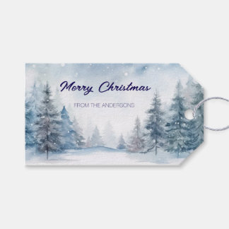 Blå skog i snö Personlig jul Presentetikett