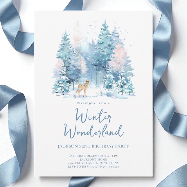 Blå Skogs Vinterstravagansa 2-års Födelsedagsfest Inbjudningar (Blue Woodland Winter Wonderland 2nd Birthday Party Invitation)