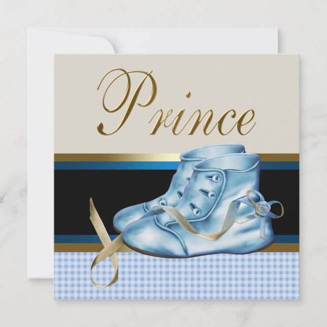 Blå skor Black Guld Krona Prince Baby Shower Inbjudningar (Framsida)