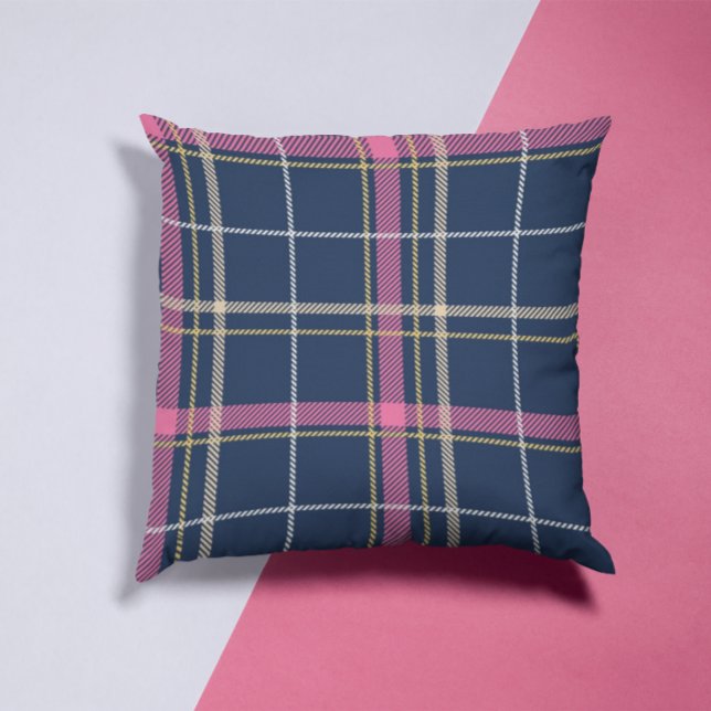 Blå skotsk tartan Play Rosa White Rand Kudde (Skapare uppladdad)