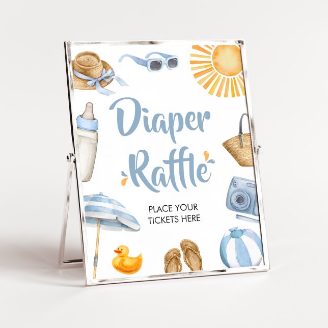 Blå skrik Stänk babyskor - blöjerska Raffle Poster (Boy Summer Beach Baby Shower Diaper Raffle Sign)