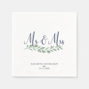 Blå skript, mr och Mrs.   Greenery Bröllop Pappersservett