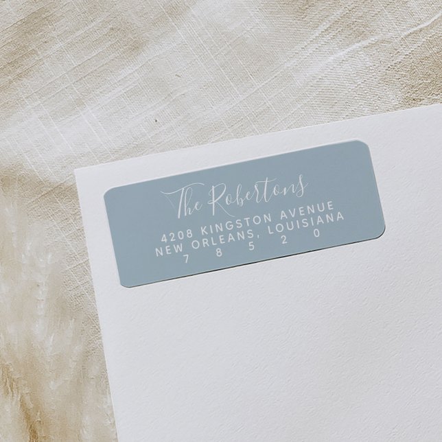 Blå skript Namn-Returetiketter Returadress Etikett (Soft blue modern minimal script return address labels.)