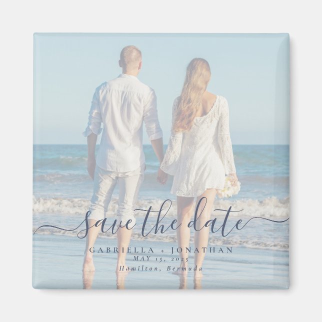 Blå skript, par foto Bröllop spara datum Magnet (Framsidan)