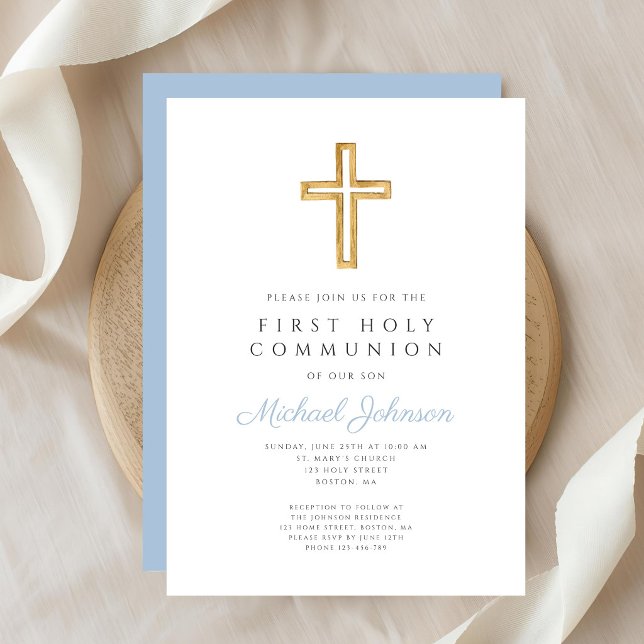 Blå Skript Religiöst Kors Pojke Första Nattvarden Inbjudningar (Blue Script Religious Cross Boy First Communion Invitation)