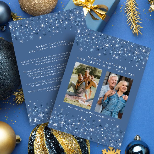 Blå skuggor Snöflingor Snyggt jul 2 Foton Julkort (Blue Shades Snowflakes Christmas Stylish Collage 2 Photos Family Holiday Card with Envelope. )