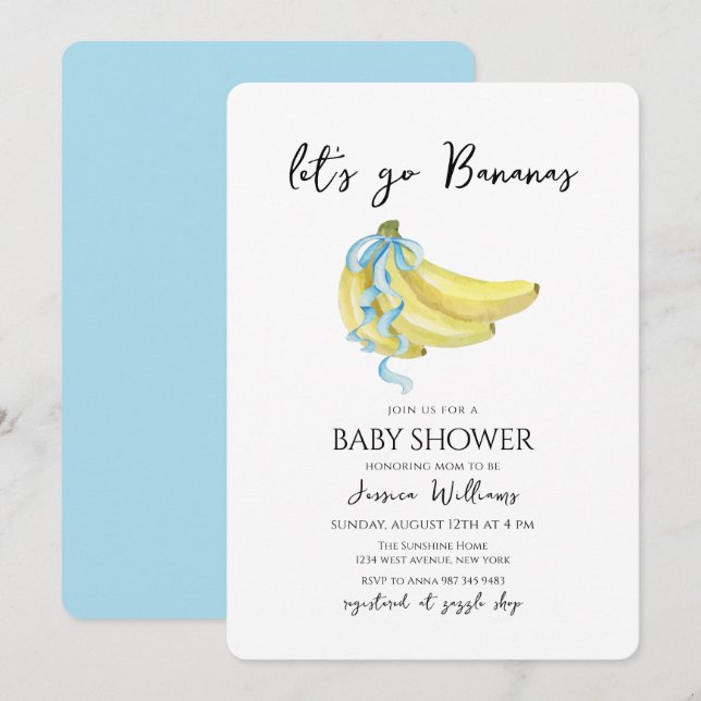 Blå slinga Låt oss gå bananas Baby Shower Inbjudningar (Fram/baksida)