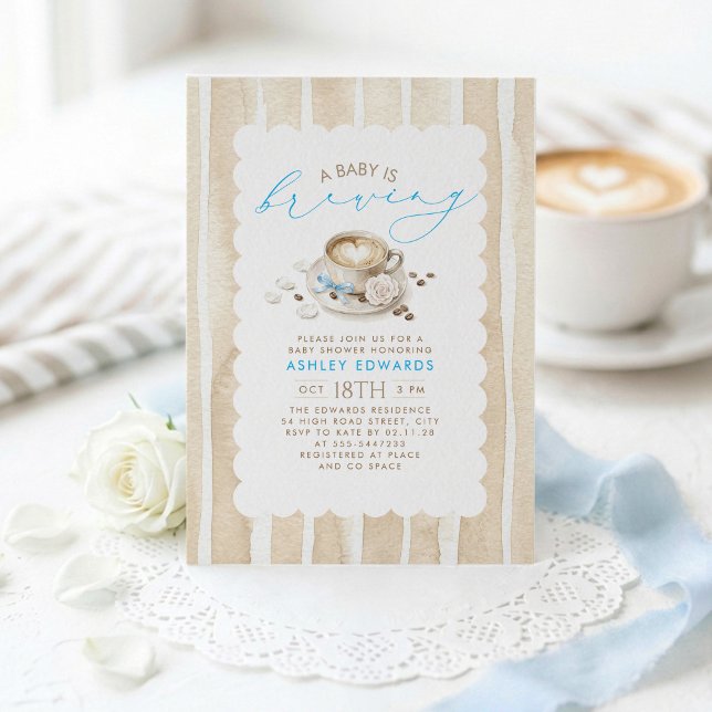 Blå slinga Latte Kaffe Pojke Baby Shower Inbjudan (A Baby Is Brewing Boy Baby Shower Invitations)