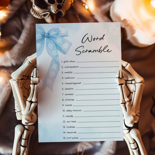 Blå slinga Lilla Boo Ordspridningslek (Girl Coquette Halloween Baby Shower Word Scramble Game)