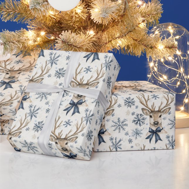 Blå slingor hjort jul snöflingor presentpapper (Helgdagar)