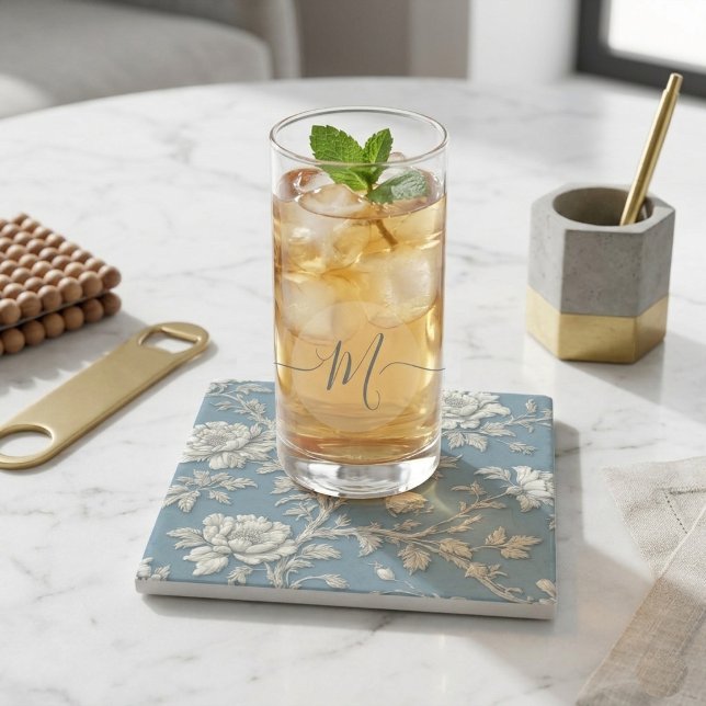 Blå slitstark konst fransk stuga dekoration dryck  stenunderlägg (Blue Distressed Art French Cottage Decor Beverage Stone Coaster)