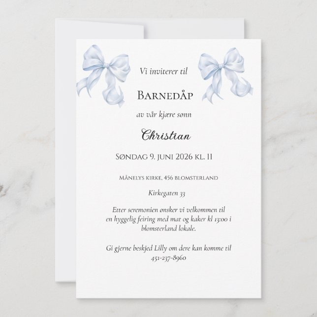 Blå Sløyfe Dopinvitation Inbjudningar (Framsida)