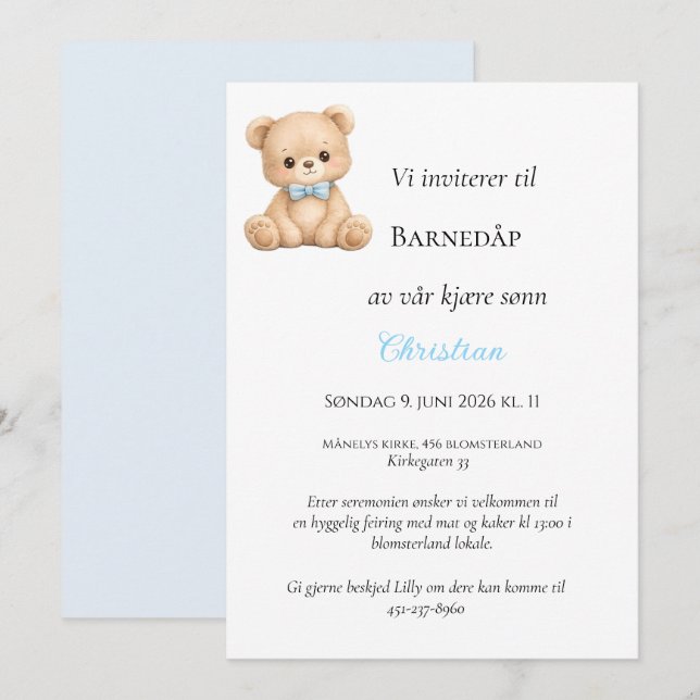 Blå Sløyfe Teddy Björn Dopinvitation Inbjudningar (Fram/baksida)