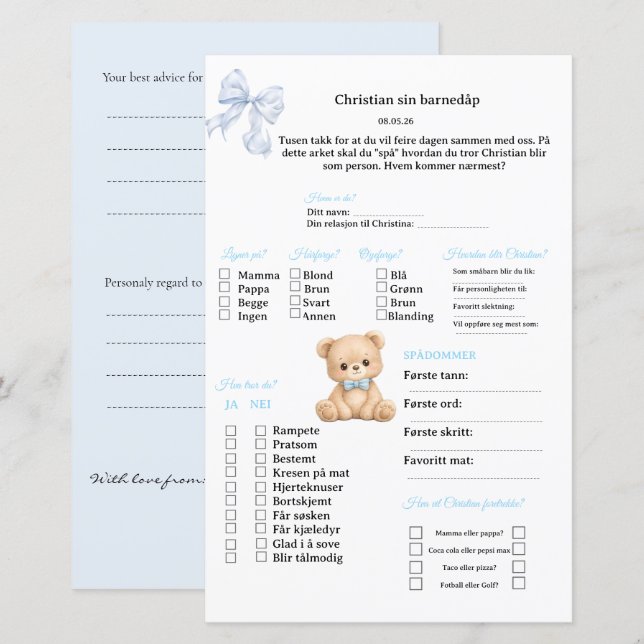 Blå Sløyfe Teddy spådomsfält för dop/babyshower (Fram/baksida)
