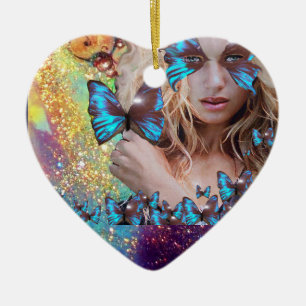 BLÅ SMÖRT I TEAL GRÖNT GULD SPARKLES HEART JULGRANSPRYDNAD KERAMIK