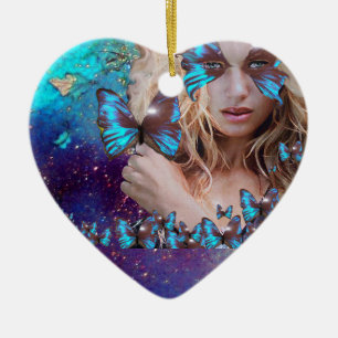BLÅ SMÖRT I TEAL GRÖNT GULD SPARKLES HEART JULGRANSPRYDNAD KERAMIK