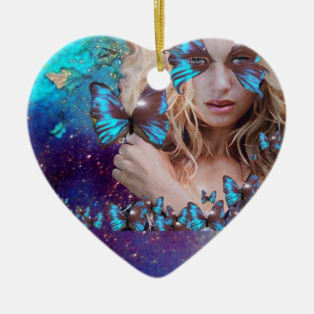 BLÅ SMÖRT I TEAL GRÖNT GULD SPARKLES HEART JULGRANSPRYDNAD KERAMIK (Framsidan)