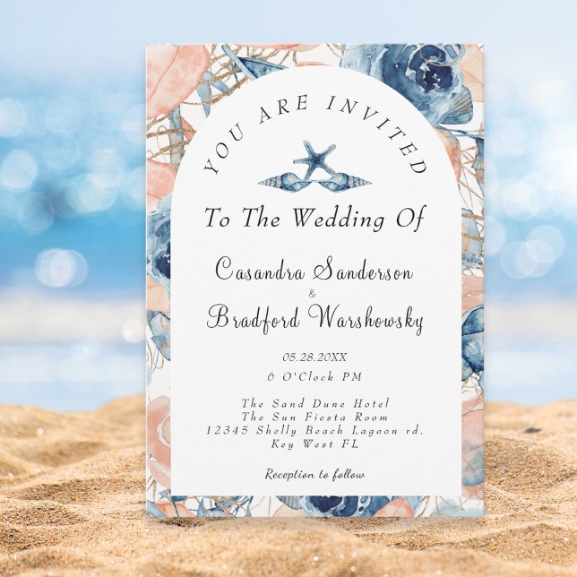 Blå Snäcka Flowers Watercolor Beach Wedding Inbjudningar (Skapare uppladdad)