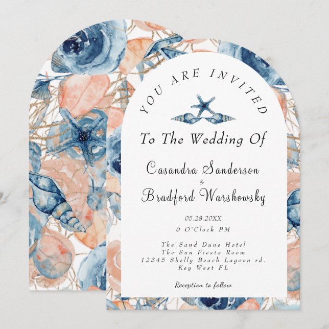 Blå Snäcka Flowers Watercolor Beach Wedding Inbjudningar (Fram/baksida)