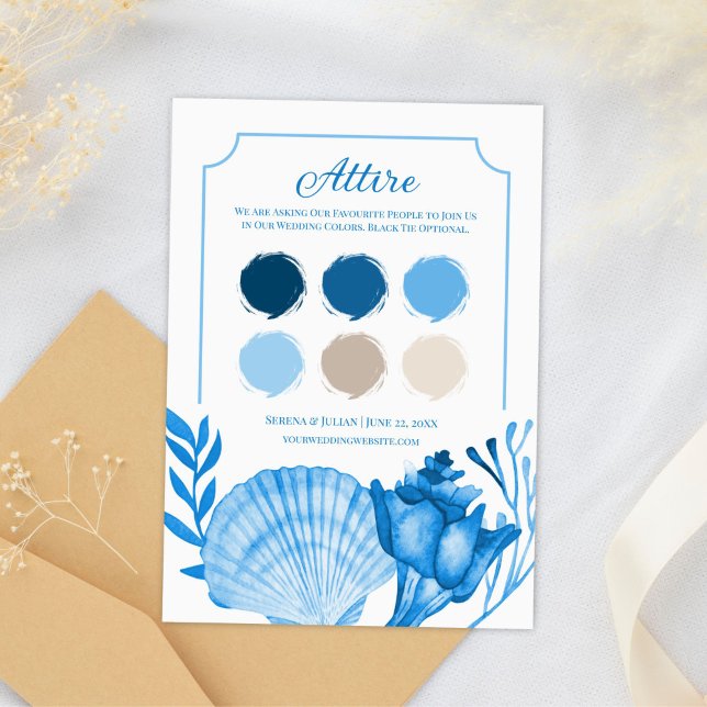 Blå snäckformad brölloppsfärgpalettkort | Kust Tilläggskort (Blue Seashell Wedding Color Palette Card | Coastal)