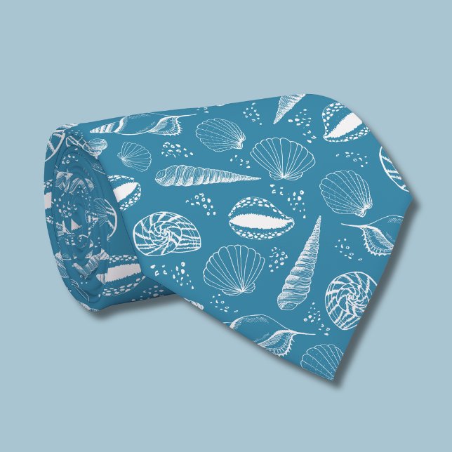 Blå snäckmönster slips (Teal Blue Coastal Seashell beach pattern tie rolled)
