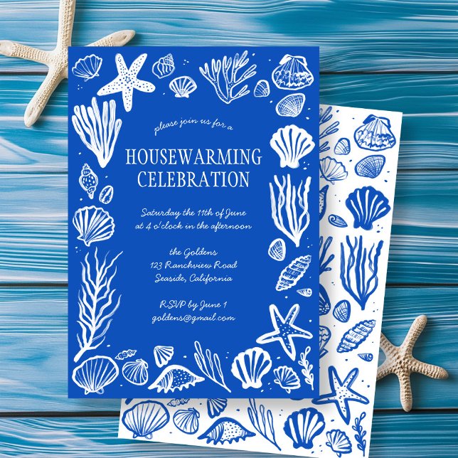 Blå snäckor Anpassad KRITDAGSPARTY Inbjudningar (Blue Seashells Custom HOUSEWARMING PARTY Invitation
)