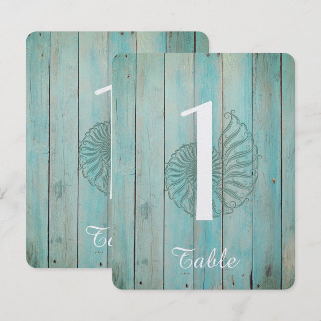 Blå snäckskal på trä strand bröllops bordskort num (Fram/baksida)