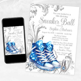 Blå Sneaker Ball Födelsedagsfest Inbjudan
