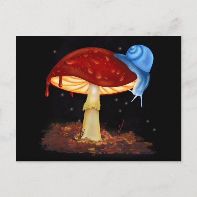 Blå Snigel Röd Svamp Illustration Vykort (Framsida)