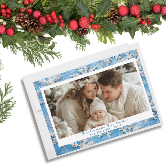 Blå snöflammande julfoto julkort (Elegant Pale Blue Snowflake Photo Card)