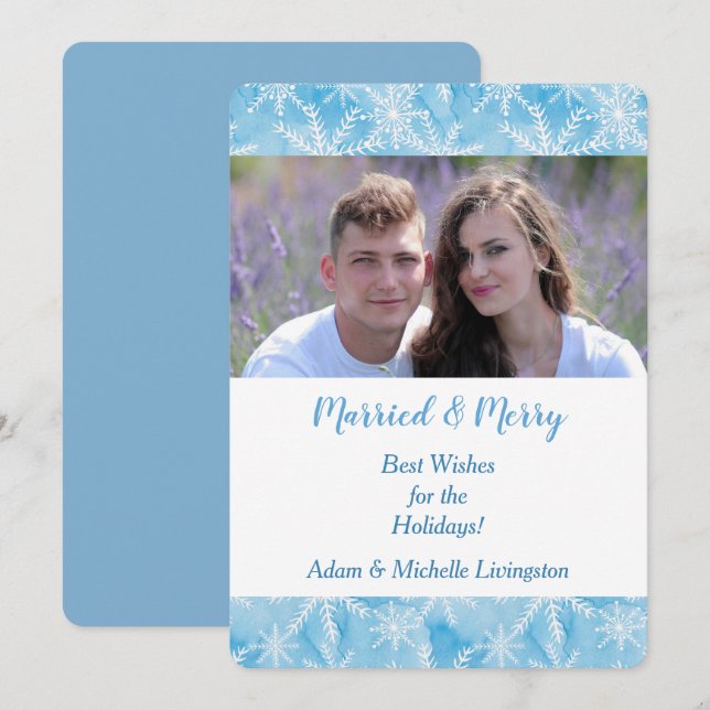 Blå snöflammande julfotomall julkort (Fram/baksida)