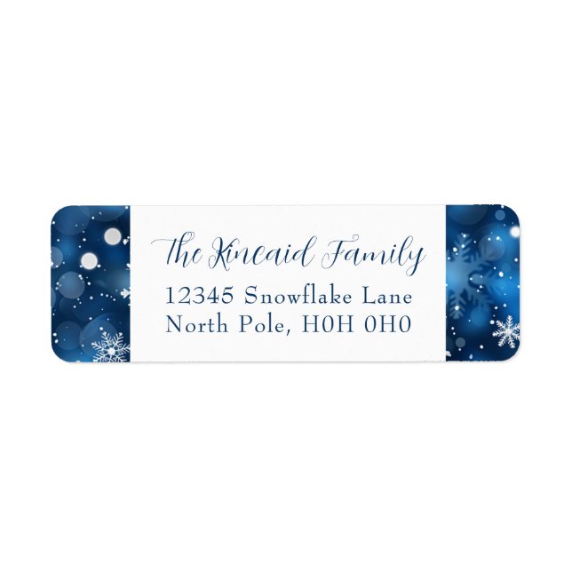 Blå snöflammande julreturadressetikett returadress etikett (Framsidan)