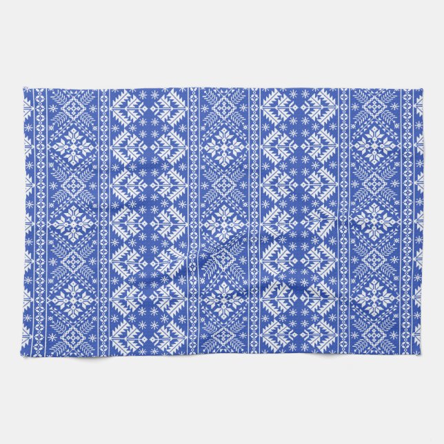 Blå Snöflinga & Blommig Fair Isle Jul Kökshandduk (Horisontell)