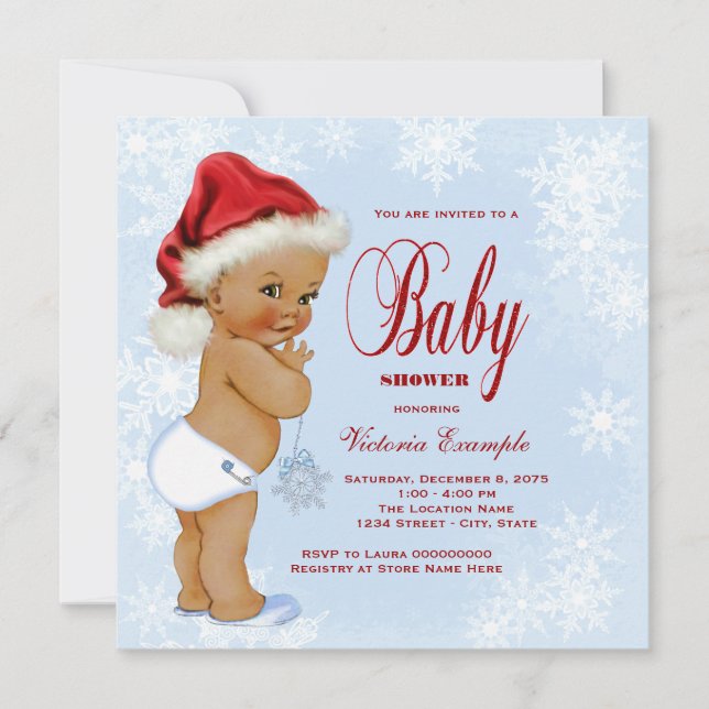 Blå Snöflinga Etniska Pojkar Jul Bebis Baby Shower Inbjudningar (Framsida)