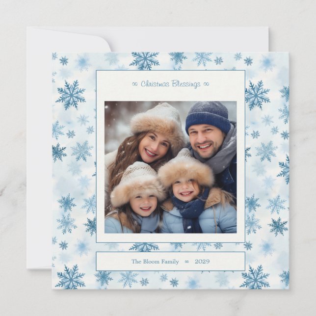 Blå Snöflinga Fyrkantig Akvarell Familjefoto Julkort (Framsida)