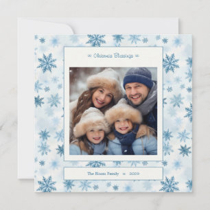 Blå Snöflinga Fyrkantig Akvarell Familjefoto Julkort