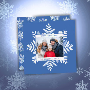 Blå Snöflinga God Jul Familjefoto Julkort