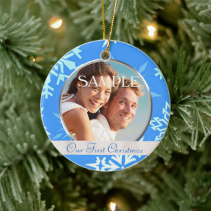 Blå snöflinga vår första julfoto Ornament
