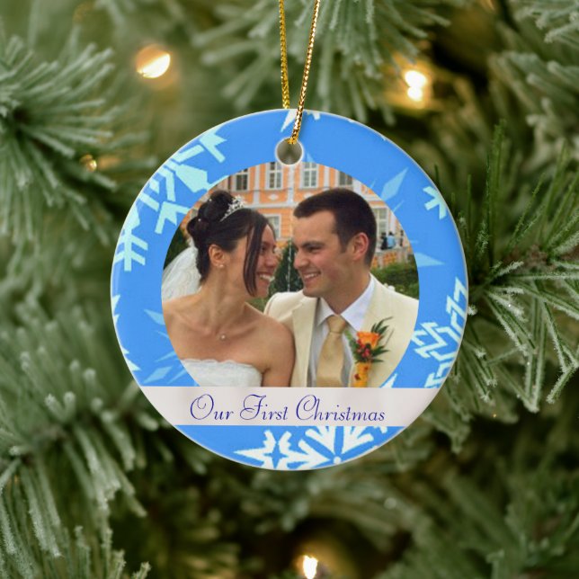 Blå snöflinga vår första julfoto Ornament (Träd)